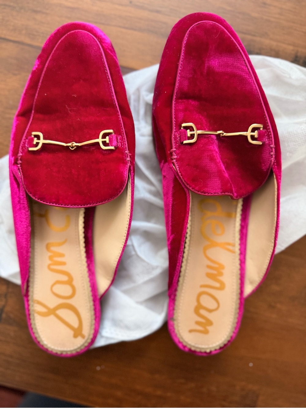 Sam Edelman Fuchsia Velvet Slip-On Mules with Gold Horsebit